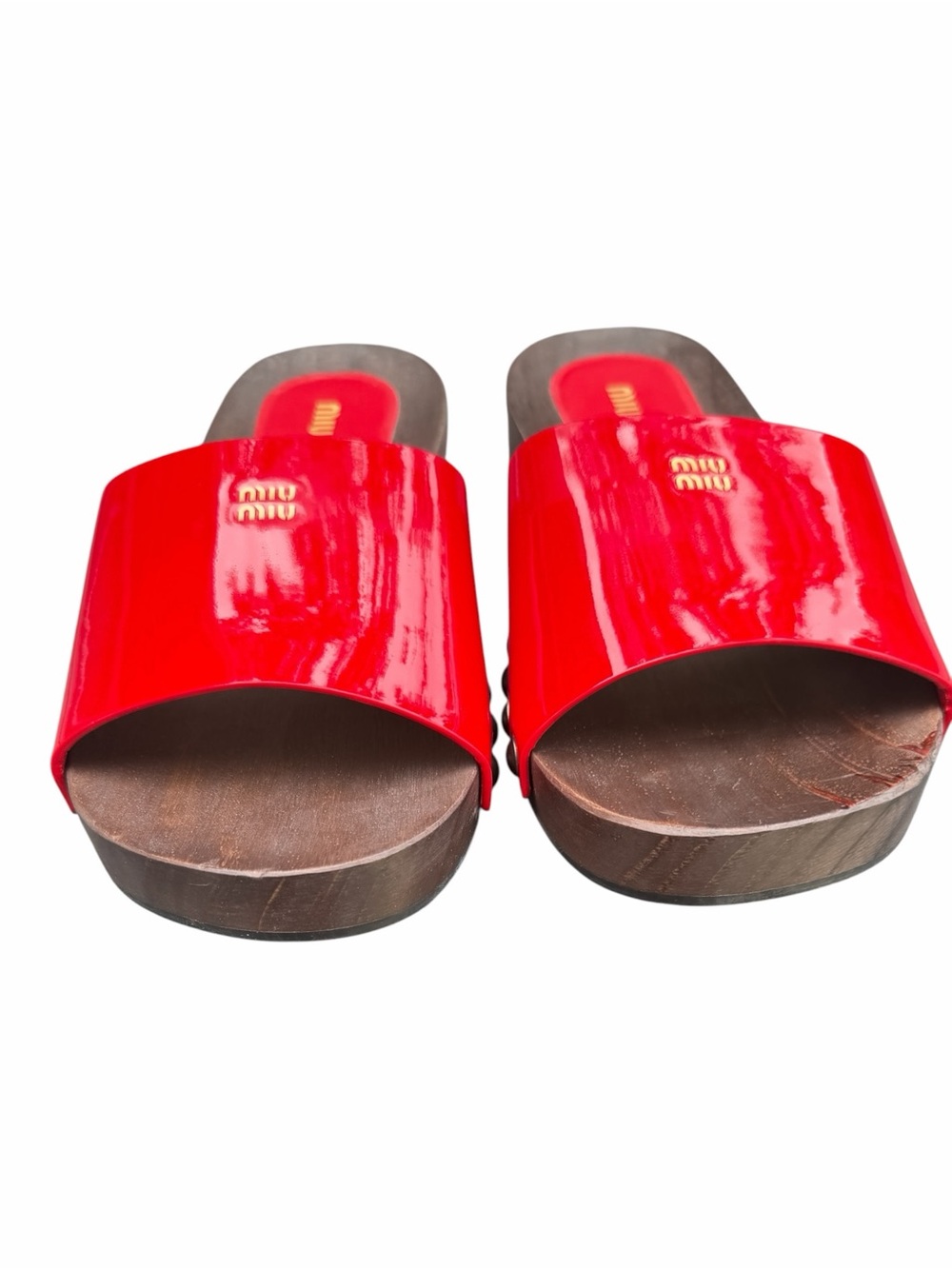 Miu Miu Red Patent Leather Wooden Slide Sandals Clogs EU 40 US 9 Box Dust Bag